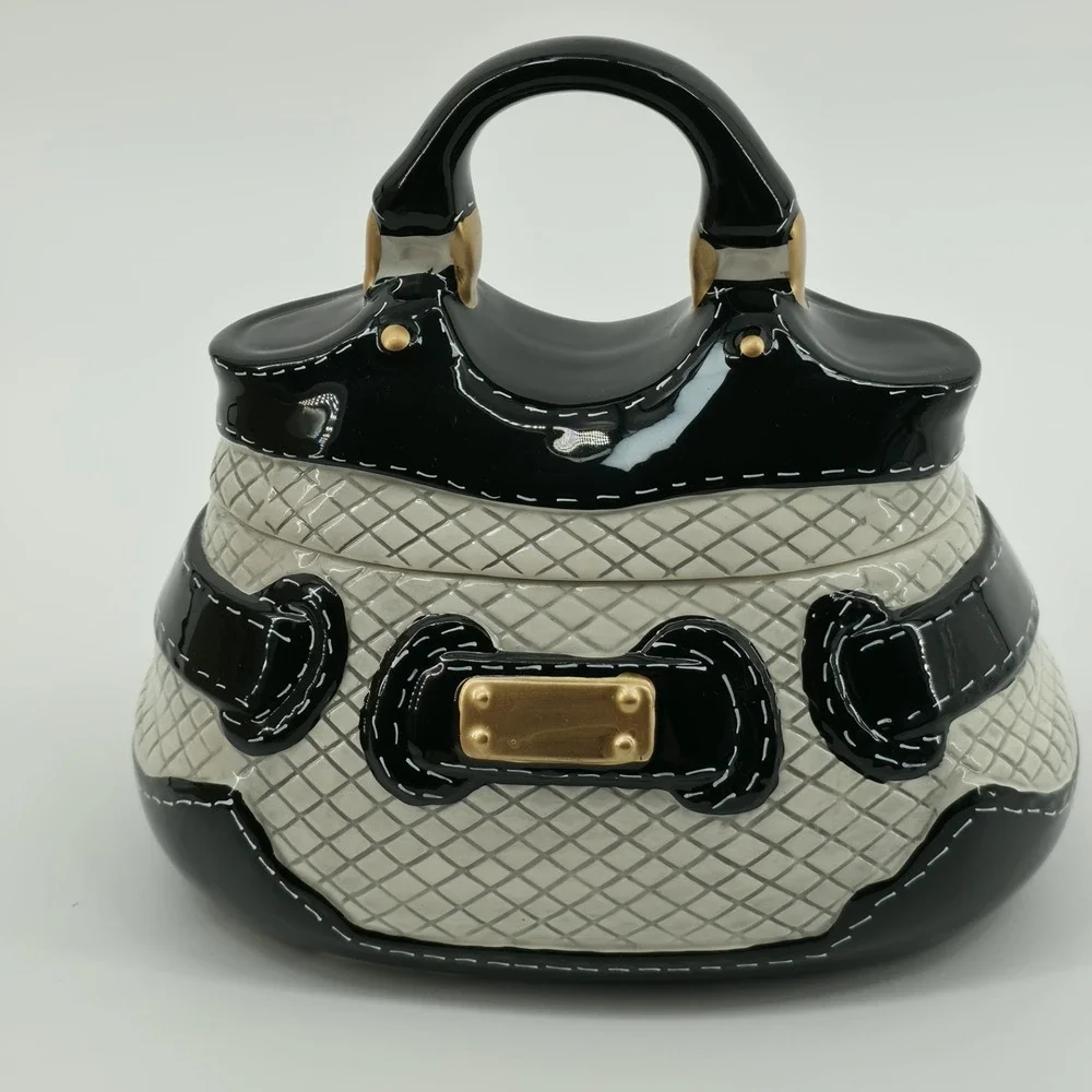 David's Cookies Purse Cookie Jar #BL-4814 Candy Trinket Black/White/Gold New